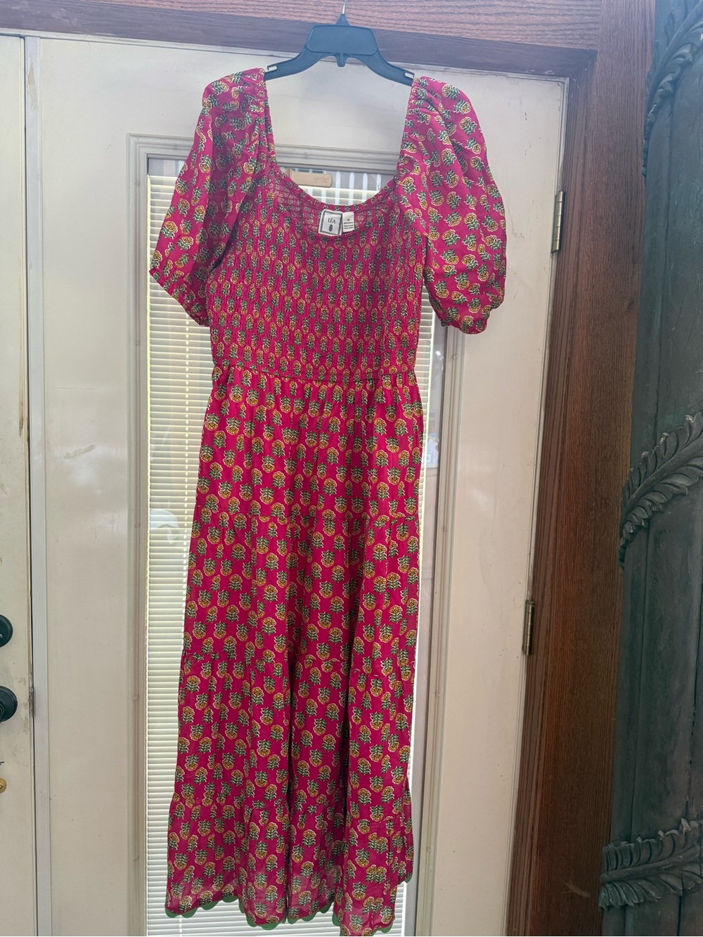 Red Floral Puff-Sleeve Maxi Dress with Smocked Bodice